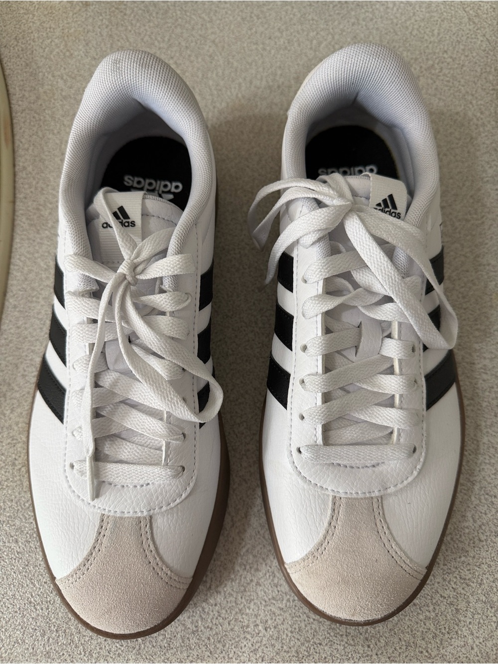 adidas Men's White Sneakers with Black Stripes and Tan Suede Toe
